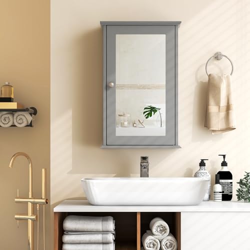 Tangkula Bathroom Medicine Cabinet with Mirror, Wall Mounted Single Mirror Door Storage Cabinet w/Adjustable Shelf, Wall Cabinet w/Reversible Door for Bathroom Living Room Hallway (Grey) - color: Grey
