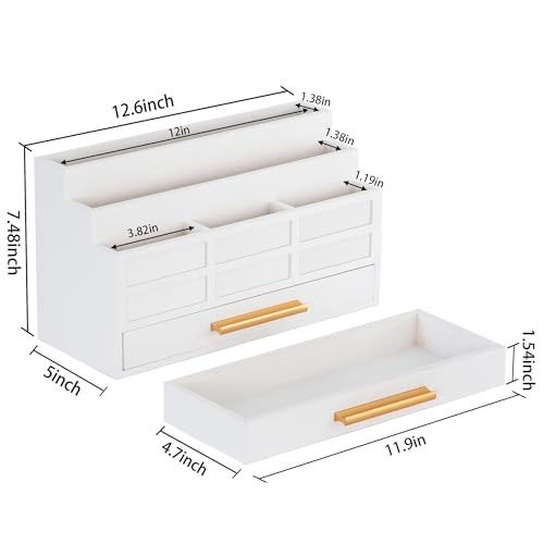 dreampossible white Wood Desk Organizer and Accessories with Drawer, Bill Mail Organizer and File Mail Holder for Office Supplies, Rustic Desk Accessories & Workspace Organizers for Desk Organization - color: White B
