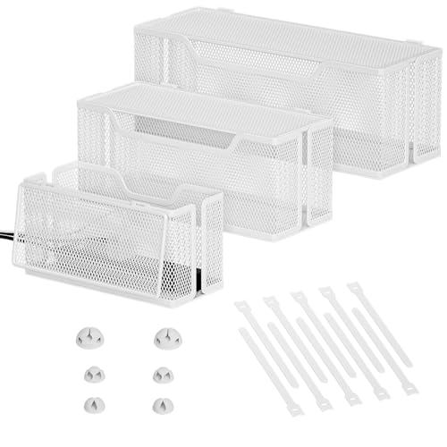 3 Pack Cable Management Box, Metal Mesh Cord Organizer Box for TV Wires, Electrical Hiding, Power Strip – Under Desk Cable Storage Box with Cable Clips&Reusable Cable Ties for HomeOffice - White - color: White