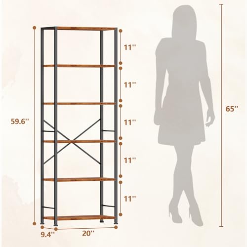 Furologee 6 Tier Book Shelf, Tall Wide Bookshelf, Industrial Open Bookcase, Display Shelves Storage Organizer, Shelving Unit for Living Room, Home Office, Bedroom, Rustic Brown - color: Rustic Brown, size: 6 Tier - 20"W