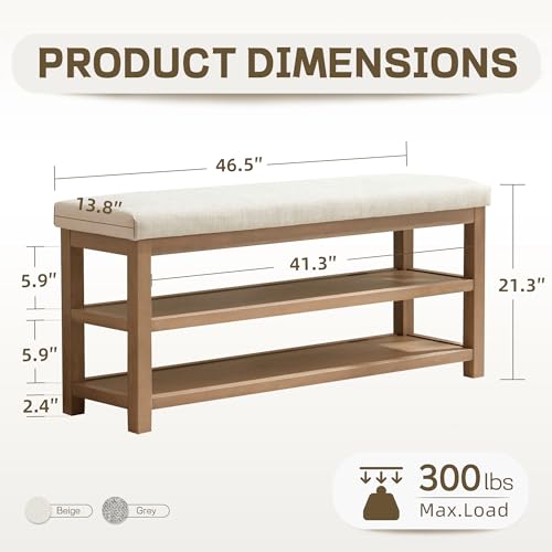 Zihanhome 2 Tier Shoe Rack Bench with Cushion, Solid Wood Shoe Benches, Mid-Century Modern Shoe Storage Bench for Entryway, Hallway, Living Room, Closet, Front Door Entrance, (Beige, 46.5") - color: Beige, size: 46.5"
