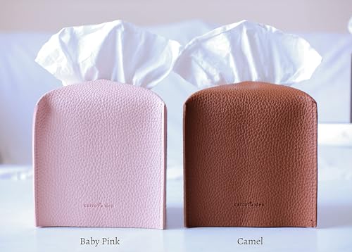 Tissue Box Cover Holder, Square with Bottom Belt by Carrot's Den - PU Leather Decorative Organizer for Tabletop, Bathroom, Car, Office | Baby Pink - color: Baby Pink