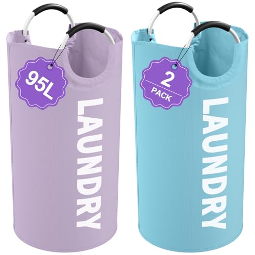 Set of 2 Collapsible Laundry Baskets with Handles, 95L Big Laundry Hampers for Bedroom, Waterproof Clothes Baskets, Independent Dirty Clothes Hamper for Travel, Nursery, Purple/Blue - color: Purple + Blue, size: L-95L