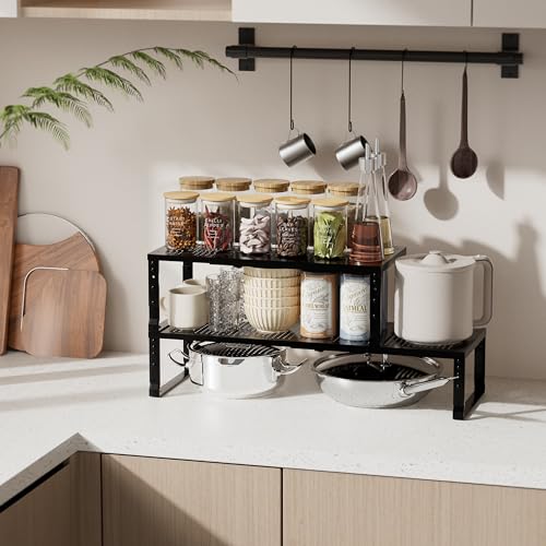 Expandable Spice Rack & Kitchen Cabinet Organizer - Stackable, Adjustable Shelves for Cabinets, Countertops, Cupboards & Pantries(2 Packs/Medium/Black) - color: 2 Packs/Black, size: Medium:7.8"D x 16.5"W x 6.2"H