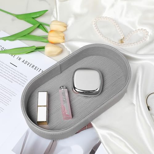 Oval Desk Valet Tray, PU Leather Perfume Dish Bowl for Keys Wallet Watch, Decorative Trinket Vanity Jewelry Tray, Entryway Nightstand Organizer Women Men (Grey) - color: Gray