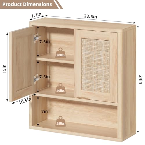LEYAOYAO Rattan Bathroom Wall Cabinet, Boho Medicine Cabinet with Adjustable Shelf & Doors, Over The Toilet Storage Cabinets Organizer for Laundry Room, Kitchen, Living Room, Natural - color: Natural, size: 7.7"D×23.5"W×24"H