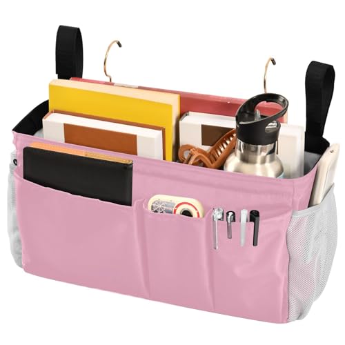Rose Red Bedside Caddy Storage Bag Bedside Organizer for Dorm Room Top Bunk Bed Hanging Storage Organizer 6 Pockets with Hooks for Book Glasses Phone Holder - color: Rose Red