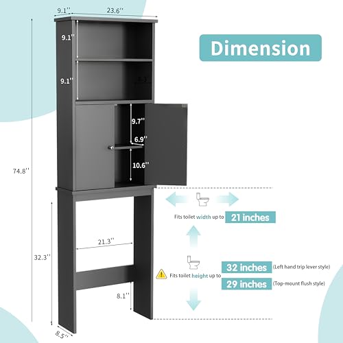 Shintenchi Over The Toilet Storage Cabinet, Bathroom Above The Toilet Rack, Bathroom Adjustable Shelf Organizer with Open Bottom Bar and Anti-Tip Device, Gray - color: Grey, size: 2 Open Shelves