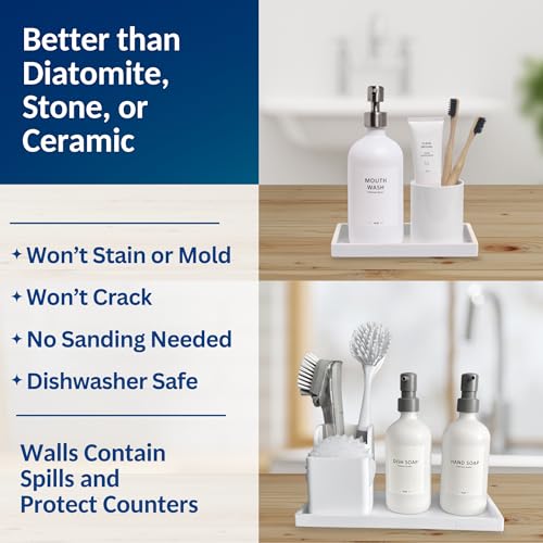 Spacewiser Countertop and Vanity Tray - 2 PC (11” and 7”) Shatterproof Silicone Kitchen and Bathroom Trays for Counter, Kitchen Soap Dispenser Tray, Vanity Trays for Bathroom, Perfume Key Tray - color: White, size: Set‐ 1 Small + 1 Large