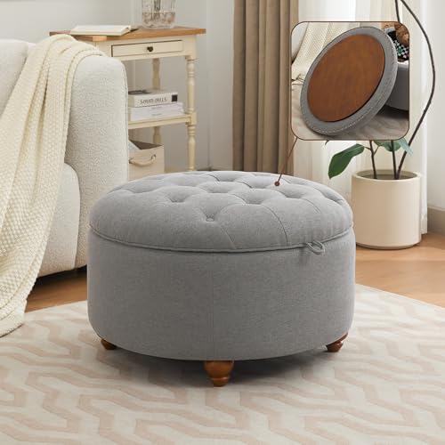 WUTUTUEE 30Inch Round Storage Ottoman with Tray, Modern Tufted Fabric Circle Coffee Table with Storage, Upholstered Ottoman with Removable Top for Living Room, Bedroom, Light Grey - color: Light Grey, size: 30 Inch