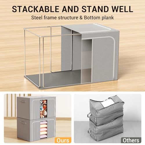 Clothes Storage Bins with Metal Frame Foldable Storage Box Clothes Organizers Storage Containers for Clothes Sheets Blankets Books Toys Gifts and Holiday Decorations (66Lx3 Pack) - color: Light gray, size: 66L（19.7“X15.7"X13"）