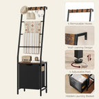 MAHANCRIS Blanket Ladder, 4-Tier Towel Rack with Pull-Out Laundry Basket & Removable Hooks, Ladder Shelf Stand, Wall-Leaning Blanket Rack for Living Room, Bedroom, Rustic Brown and Black TRHR4401
