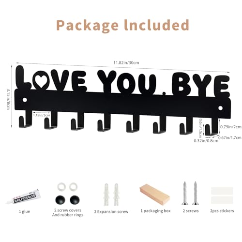 Key Holder for Wall, Key Hooks with 8 Hooks, Key Holder Wall Mount Self Adhesive, Key Rack for Wall No Drill for Entryway, Front Door, Hallway, Living Room (Black-Love You Bye)