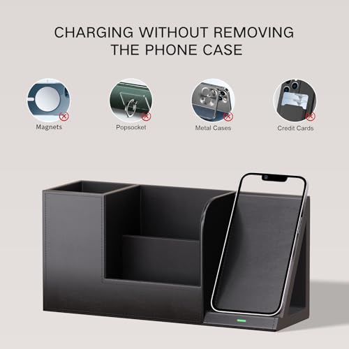LADSTAG Pen Organizer with Phone Stand,Black Vegan Leather Desk Organizers with Remote Control Holder,Pencil Holder for Desk,Desk Organizer with Phone Charger for Office/Nightstand/Endtable - color: Black, size: L