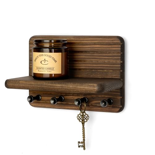 Rebee Vision Small Farmhouse Key Holder Wall Mount for Home Decor – Mini 7-inch Wooden Key Holder for Wall with 4 Hooks & Floating Shelf - Apartment Essentials for a Tidy & Trendy House (Brown) - color: Brown, size: Small-7inch