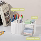 Anyoifax 360° Rotating Pen Holder 7 Slots Desk Organizer with Drawer Removable Pencil Cup Plastic Art Supplies and Accessories Desktop Storage Box Caddy for Office, School, Home (White) - style: White+Drawer