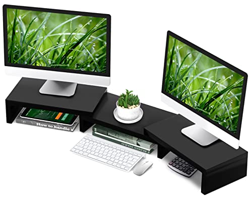 TAVR Dual Monitor Stand Riser Office Desktop Organizer Stand for 2 Monitors, Adjustable Length and Angle 3 Shelf, Extra Long Multifunctional Stand up to 43.3" fit Computer, Laptop, TV, Black - color: Black