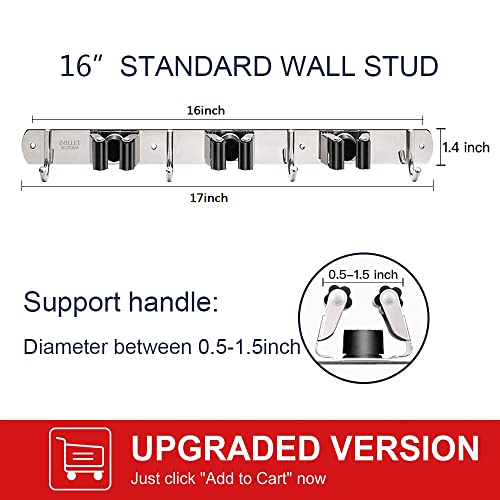 IMILLET 2 Pack Broom and Mop Holder Wall Mounted, Stainless Steel Broom Holder Mop Holder Self Adhesive Heavy Duty Hooks Storage Organizer for Home Laundry Room Garden Garage Closet Kitchen - color: 3 Racks with 4 Hooks, size: 2 Pack