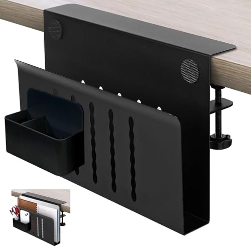 Desk Side Storage, Desk Laptop Holder with Magnetic Pen Holder, No Drill Desk Side Organizer for Office and Home Fits Flat Edge 0.3" to 2.3" - color: Black