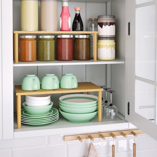 VERTORGAN Cabinet Organizer Shelf(Set of 2),Kitchen Counter Shelves,Bamboo Stackable Expandable Spice Rack Countertop(Large) - color: Natural, size: 15.8"W