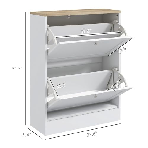 HOMCOM Slim Shoe Cabinet for Entryway, Modern Hidden Shoe Storage Cabinet with 2 Flip Drawers and Adjustable Shelves for 8-12 Pairs of Shoes, White - color: White, size: 23.6" x 9.3" x 31.5"