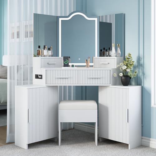 FURSUN Fluted Makeup Vanity Desk with HD 3 Way Mirror and Lights, 51" Large Corner Vanity Table with Charging Station, Dressing Table with 4 Drawers & 2 Storage Cabinets for Bedroom, White - size: 20.0"D x 51.2"W x 56.3"H, style: White
