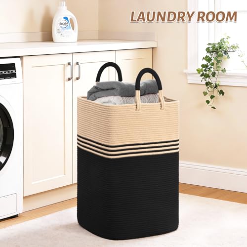 Laundry Basket Hamper,Blanket Storage,Dirty Clothes Hamper with Swivel Handles,Woven Cotton Rope Toy Baskets,Blanket Basket Living Room,Decorative Hampers for Nursery,Bedroom,Brown & Black,80L - color: Brown & Black, size: 80L