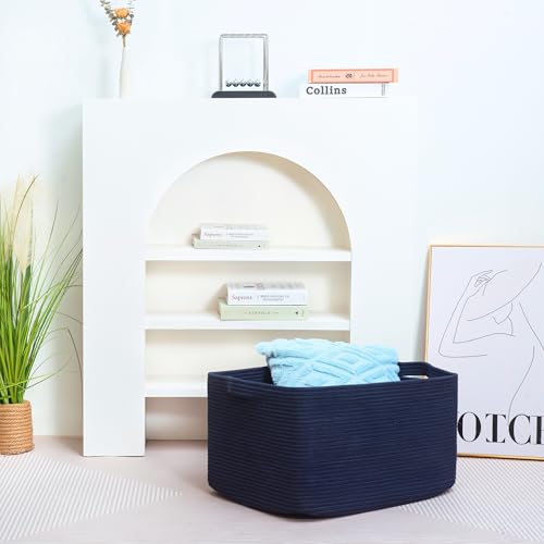 MINTWOOD Design 22in Extra Large Blanket Basket Holder Living Room, Rectangle Rope Woven Storage Basket with Handles for Laundry, Pool Towels, and Shoes, Dog Toy Organizer Bin Box, Full Navy - color: Full Navy Blue