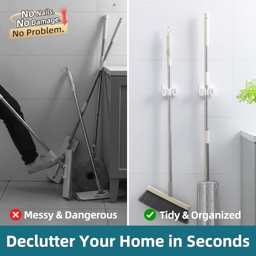 TAILI Mop and Broom Holder Wall Mount Grippers, 2 Hangers and 6 Adhesive Strips, Damage Free Hanging Wall Mount, Household Cleaning Organizer for Organization and Storage, Holds up to 4 lbs, White - color: White, size: 2 Pack