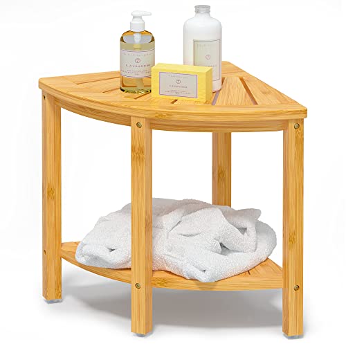 Bamfan Bamboo Corner Shower Bench Waterproof Stool with Space-Efficient Storage Shelf - Shower Stool Seat for Indoor or Outdoor Use - color: Natural