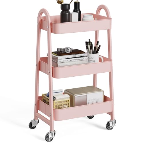 OLIXIS Metal 3 Tiers Utility Rolling Cart, Mobile Storage Shelf with Lockable Caster Wheels, Organization for Livingroom, Bathroom & Narrow Places, Pink - color: 3-tiered Pink, size: 3-Tiered 17 inches