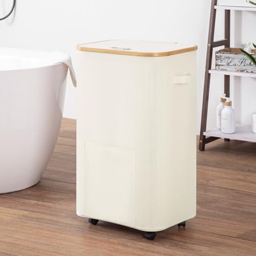 Vincona Laundry Basket with Wheels, Tall Dirty Clothes Hamper on Wheels, Rolling Laundry Hamper with lid for Dorm, Bedroom and Bathroom (Beige, 100L) - color: Beige, size: 100L