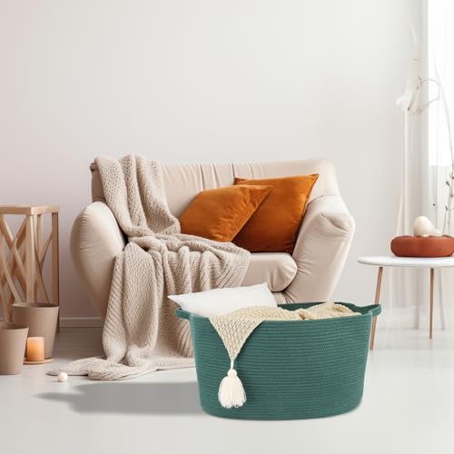 XUANGUO Large Rectangle Blankets Basket Living Room 22"x17"x12" Woven Cotton Rope Storage Basket for Nursery Toy Baskets for Kids and Dogs Wicker Laundry Baskets Bin for Clothes Towels dark green - color: Dark green