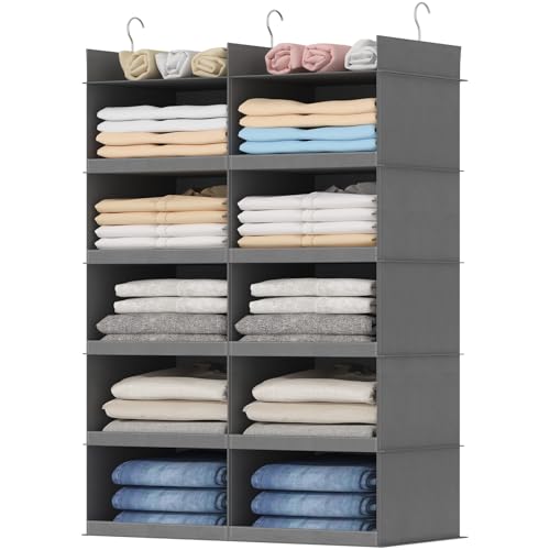 Lifewit Dual-Row Shelf Hanging Closet Organizer and Storage, Clothes Shelves with 3 Sturdy Hooks for Clothing Organization, Foldable Container Hold Up to 30 Sweaters, 5 Tier 10 Sections, Gray - color: Grey, size: 5-Tier