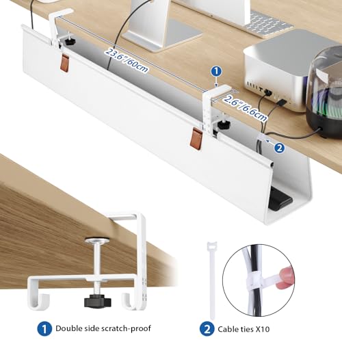 Zilink Large Cable Management Under Desk 40" No Drill Desk Cable Management Clamp/Screw Mount Fabric Cable Tray Sturdy Waterproof Cable Organizer for Office, Home, White - color: White, size: 40"
