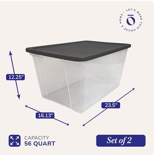 HOMZ 2-Pack Snaplock, Large Clear Plastic Storage Organizer Bins w/Lids, 56 Quart, Gray - Stackable Container Boxes for Bedroom, Bathroom, Garage, and Office Organization - color: Gray Lid, size: 56 QT (2 Pack)