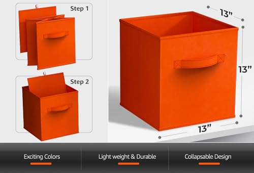 Sorbus Fabric Storage Cubes - 6 Foldable Storage Bins for Organizing Pantry, Cubbies, Toy Box - Clothes Storage & Closet Organizer - 13 Inch Collapsible Cube Baskets for Shelves with Handle - color: Orange, size: 13 Inch