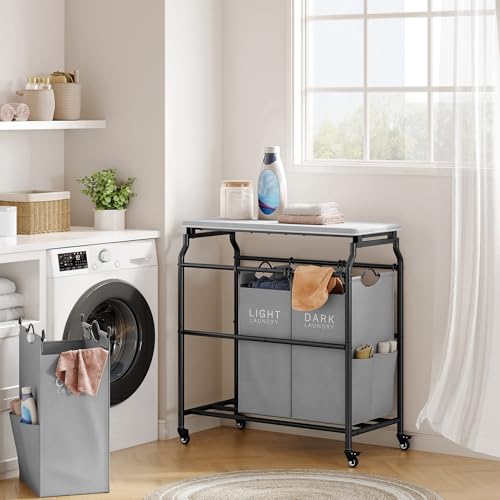 Hoctieon 3 Section Laundry Sorter Cart with Ironing Board, Laundry Hamper with Shelf and Rolling Wheels, Heavy Duty Laundry Basket Organizer, Large Clothes Separator Hamper with Removable Bags, Gray - color: Gray
