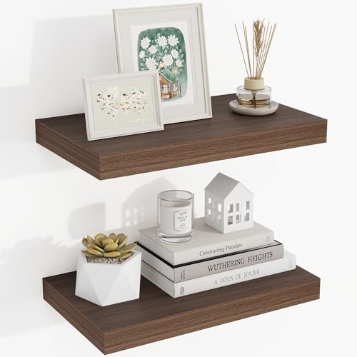 Acovy 16 Inch Floating Shelves, 16"x9.25"x1.5" Inch Deep Floating Shelves for Wall, Wooden Shelves for Bathroom, Bedroom, Living Room, Walnut, 2 Pieces - color: Walnut, size: 16"x9.25"-2pcs