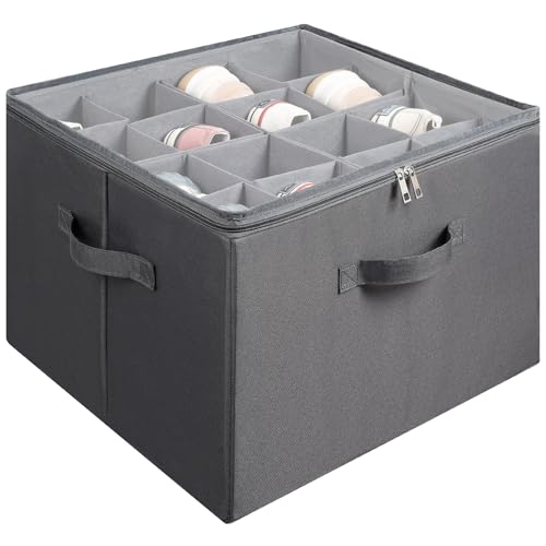 Fabric Shoe Organizer for Closet, Foldable Shoe Storage Bins with Clear Cover, Shoe Container with Adjustable Dividers, Fits up to 16 Pairs, Gray