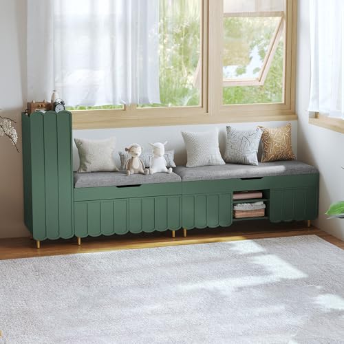 3More 40" Entryway Shoe Storage Bench,Upholstered Hidden Space Beneath Seat Cushion Bench,2-Tier Unique Geometric Shape with Wood Grain,Green - color: Green