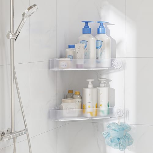 Sotfamily Plastic Shower Caddy Corner (for 90° Only), 2 Pack Adhesive Corner Shower Shelves for Bathroom Organizers and Storage, Frosted Clear - color: Frosted Clear, size: 2 Pack