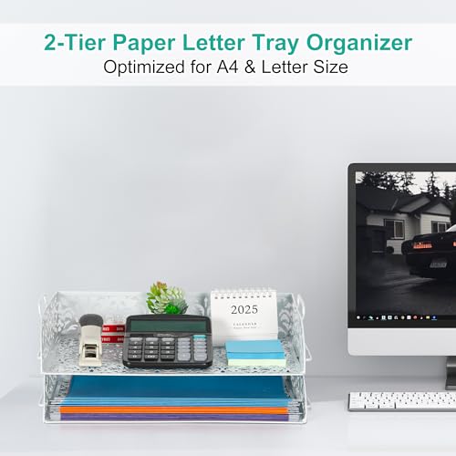 EasyPAG Paper Organizer for Desk 2 Tier Stackable Paper Tray for A4 Legal Size Folders Metal File Storage Desktop Organizer for Home Office School Teacher, White - color: White