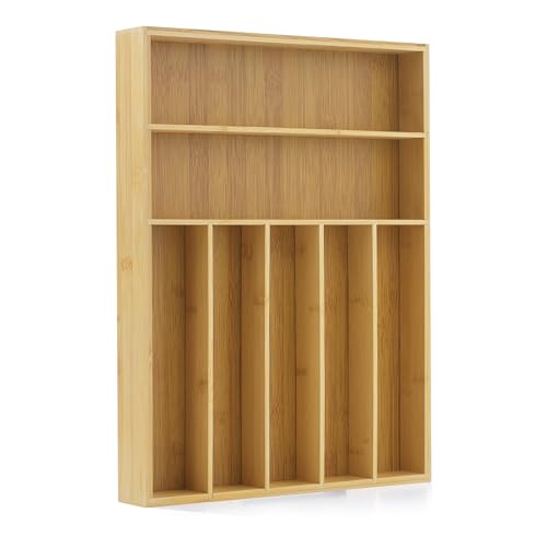 JoyJolt Bamboo Drawer Organizer, 7-Compartment Silverware Organizer, Cutlery and Utensil Organizer, Drawer Organizers for Garage, Kitchen, and Bathroom, Organizer Drawers for Kitchen Utensils