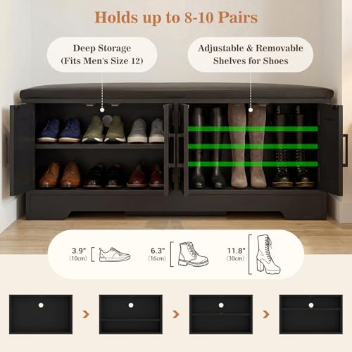 Farmhouse Shoe Storage Bench with Cushion - 43.3" Entryway Bench with Storage & 4 Barn Doors, 2-Tier Wooden Shoe Rack Bench, Hidden Shoe Cabinet & Mudroom Bench for Bedroom Hallway Living Room, Black - color: Black