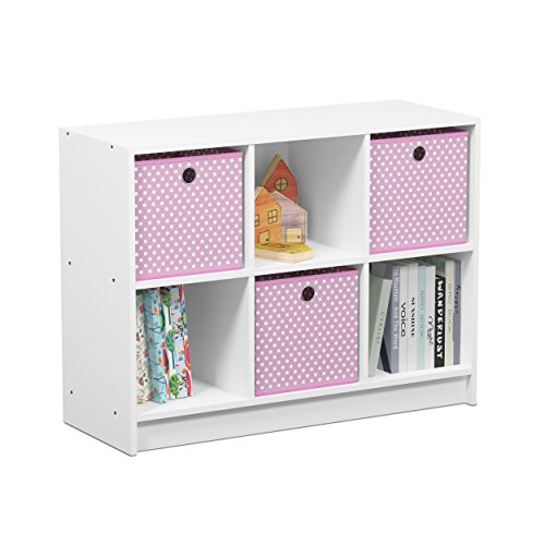 Furinno BASIC Book Shelf, 6-Cube Bookshelf with Open Shelf, 3 x 2 Bookcase with Storage Bins, Closed Back, Horizontal, 11.9 x 31.6 x 23.6, for Living Room, Bedroom, Home Office, White/Pink - color: White/Light Pink, size: 6-Cube with Bin