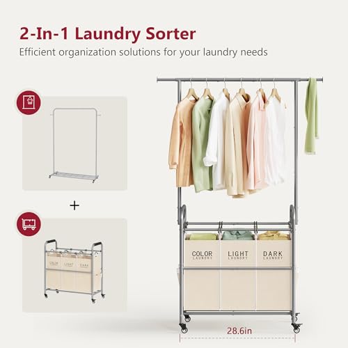 Tajsoon Laundry Hamper with Hanging Rack, 3 Section Laundry Sorter with Heavy Duty Lockable Wheels, Laundry Basket Organizer for Dirty Clothes Storage, 3 Beige - color: Beige, size: 3 bag