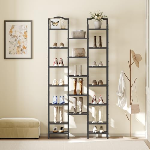 YATINEY 12-Tier Tall Shoe Rack, Vertical Shoe Organizer for Small Spaces, Wooden Shoe Shelf for Entryway, Space Saving Shoe Storage, Holds 12 Pairs of Shoes, Charcoal Gray and Black SS52BC - color: Charcoal + Black, size: 11" x 11" x 85.8"