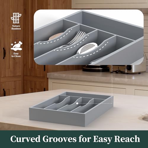 Silverware Organizer, Bamboo Kitchen Drawer Organizer, Utensil Holder, Cutlery Tray & Spoon Flatware Storage with Grooved Drawer Dividers(Grey, 9.5''W x 13.5''D) - color: Grey, size: 9.5''W x 13.5''D