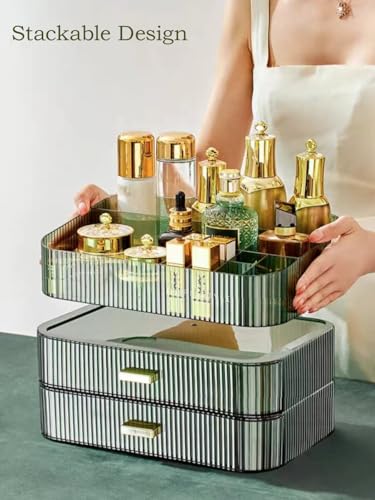 MIUOPUR Makeup Organizer with Stackable Drawers, Bathroom Vanity Organizers and Storage, Ideal for Desk and Dresser Countertops, Great for Cosmetics, Skincare, Lipsticks, Nail Care - Green - color: Clear Green, size: Tray and Drawer